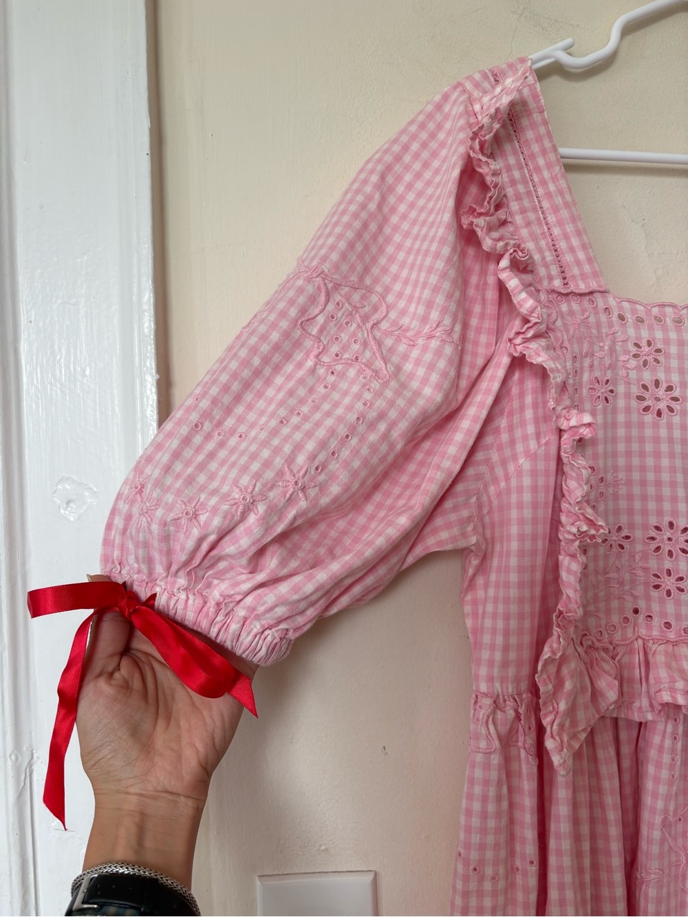 Damson Madder Rhea Puff-Sleeve Midi Dress Pink Gingham Sz US 10 - Picture 9 of 16